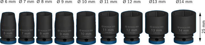 Juego de vasos de impacto Bosch PRO de 1/4 de pulgada, 9 piezas.